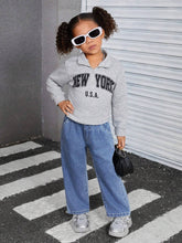 Girls Casual Versatile Drawstring Waist Washed Blue Wide Leg Denim Jeans